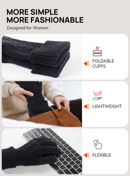 TRENDOUX Merino Wool Womens Winter Gloves Folding Cuffs Touchscreen Soft Skin-Friendly Jacquard Thin Knit Warm Glove