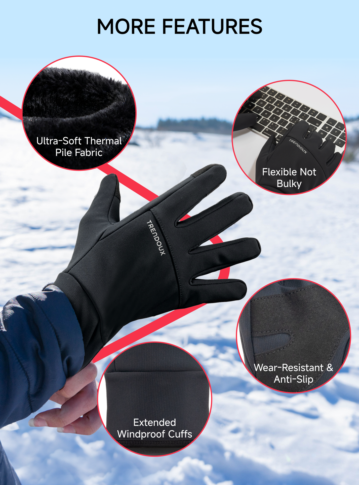TRENDOUX Waterproof Touchscreen Ski Snow Gloves: -10/40°F Winter Gloves for Men Women, Thermal Warm for Cold Weather