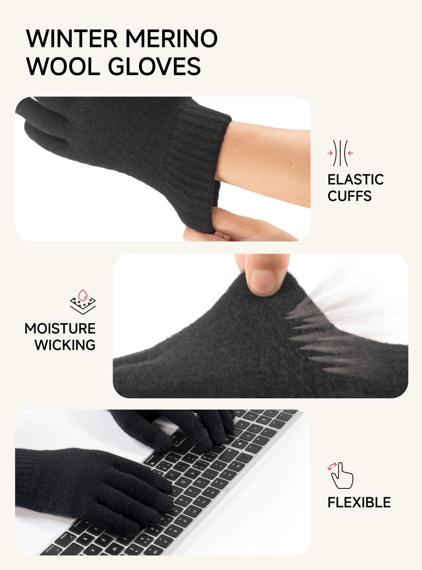 TRENDOUX 100% Merino Wool Gloves for Women Men - Winter Touchscreen Thermal Warm Gloves for Driving Running Texting Gift