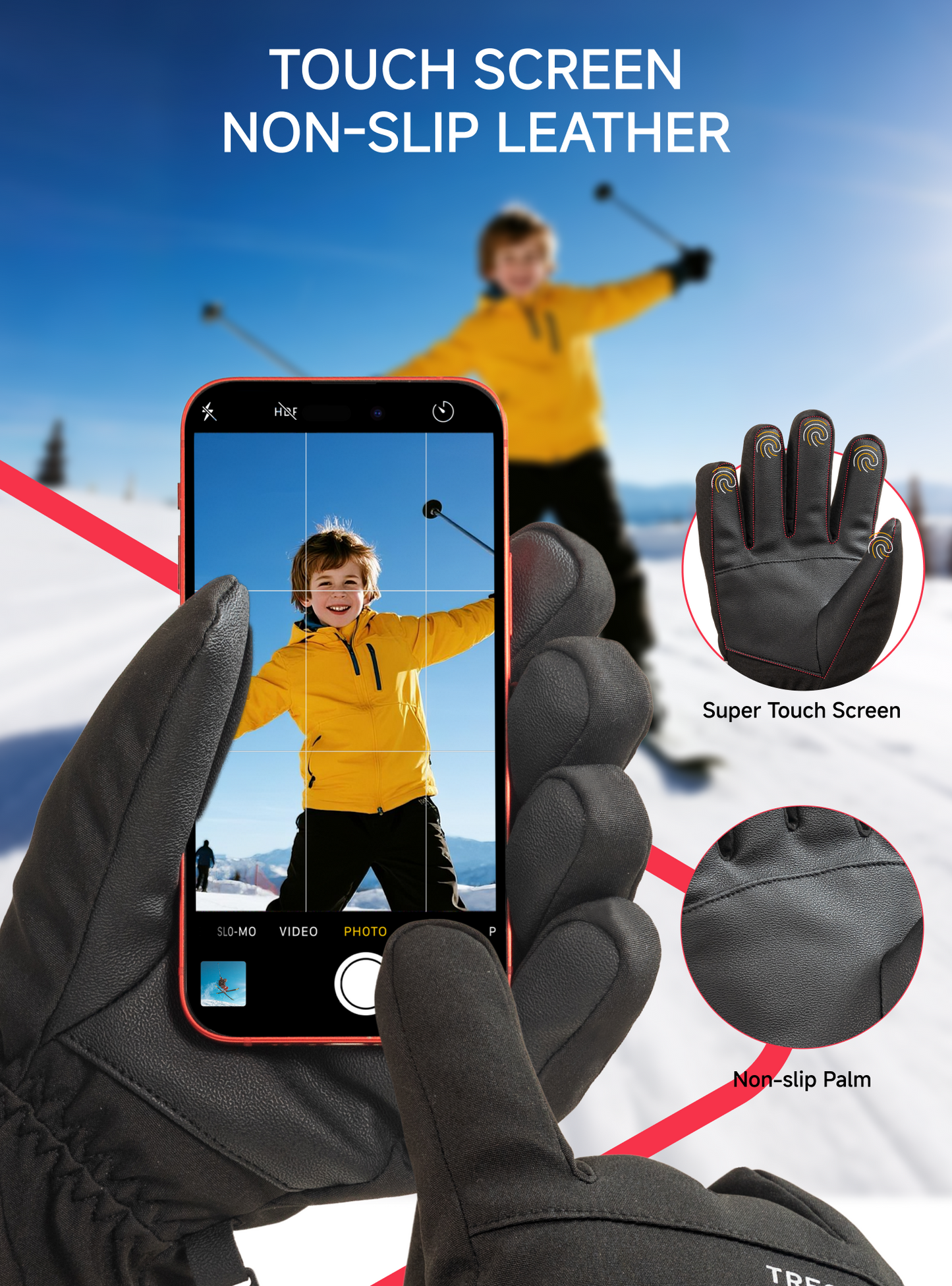 TRENDOUX Kids Winter Ski Gloves: 3M 100% Waterproof Snow Gloves for Boy Girl, Warm Thinsulate with Non-Slip Touch Screen Cold Weather Glove for Kids Children, Boys Gift Skiing Snowboarding