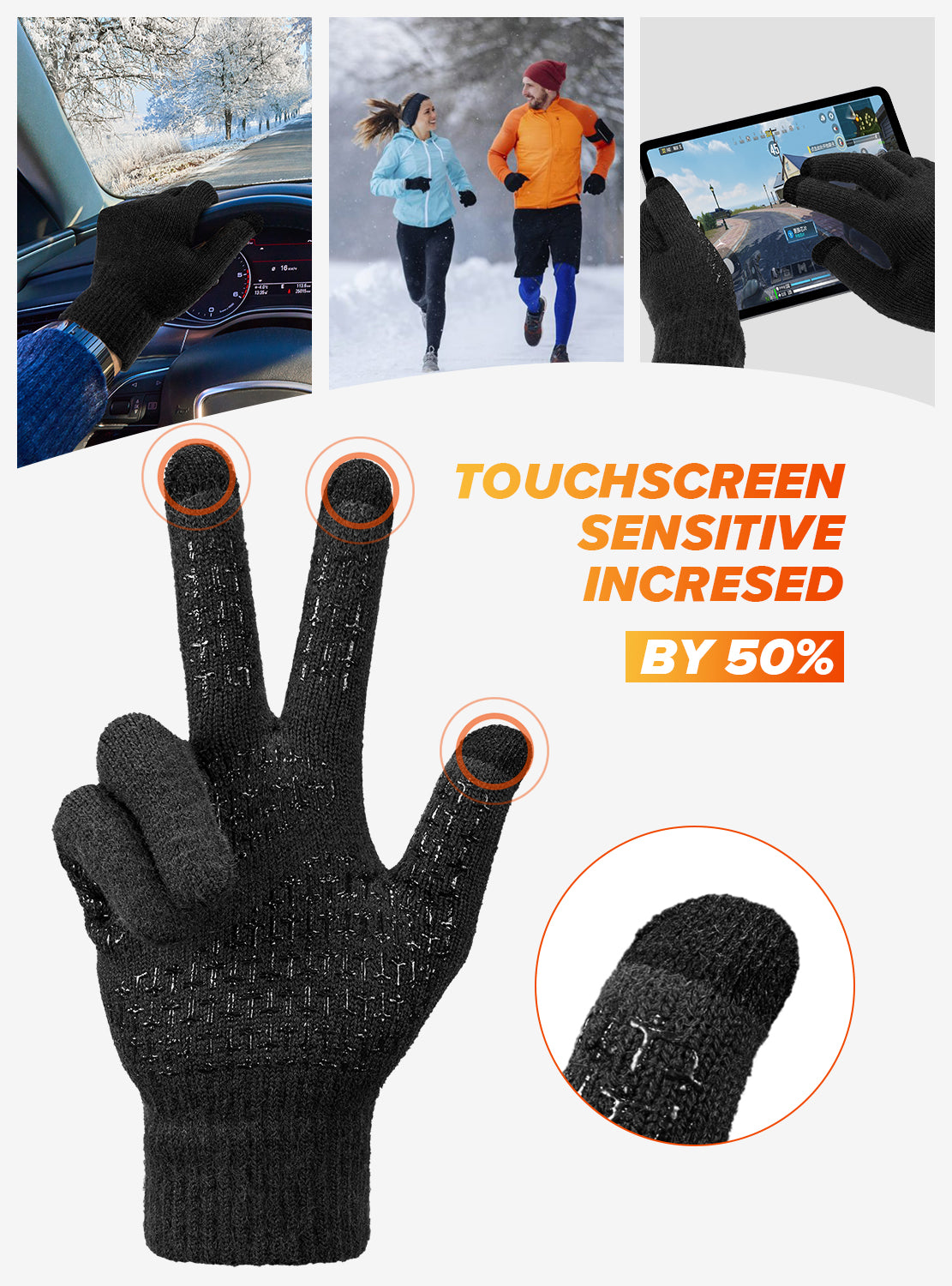 TRENDOUX Merino Wool Winter Gloves for Men Women, Cold Weather Warm Touchscreen Unisex, Non-slip, Knit Elastic Cuff