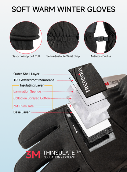 TRENDOUX Kids Winter Ski Gloves: 3M 100% Waterproof Snow Gloves for Boy Girl, Warm Thinsulate with Non-Slip Touch Screen Cold Weather Glove for Kids Children, Boys Gift Skiing Snowboarding
