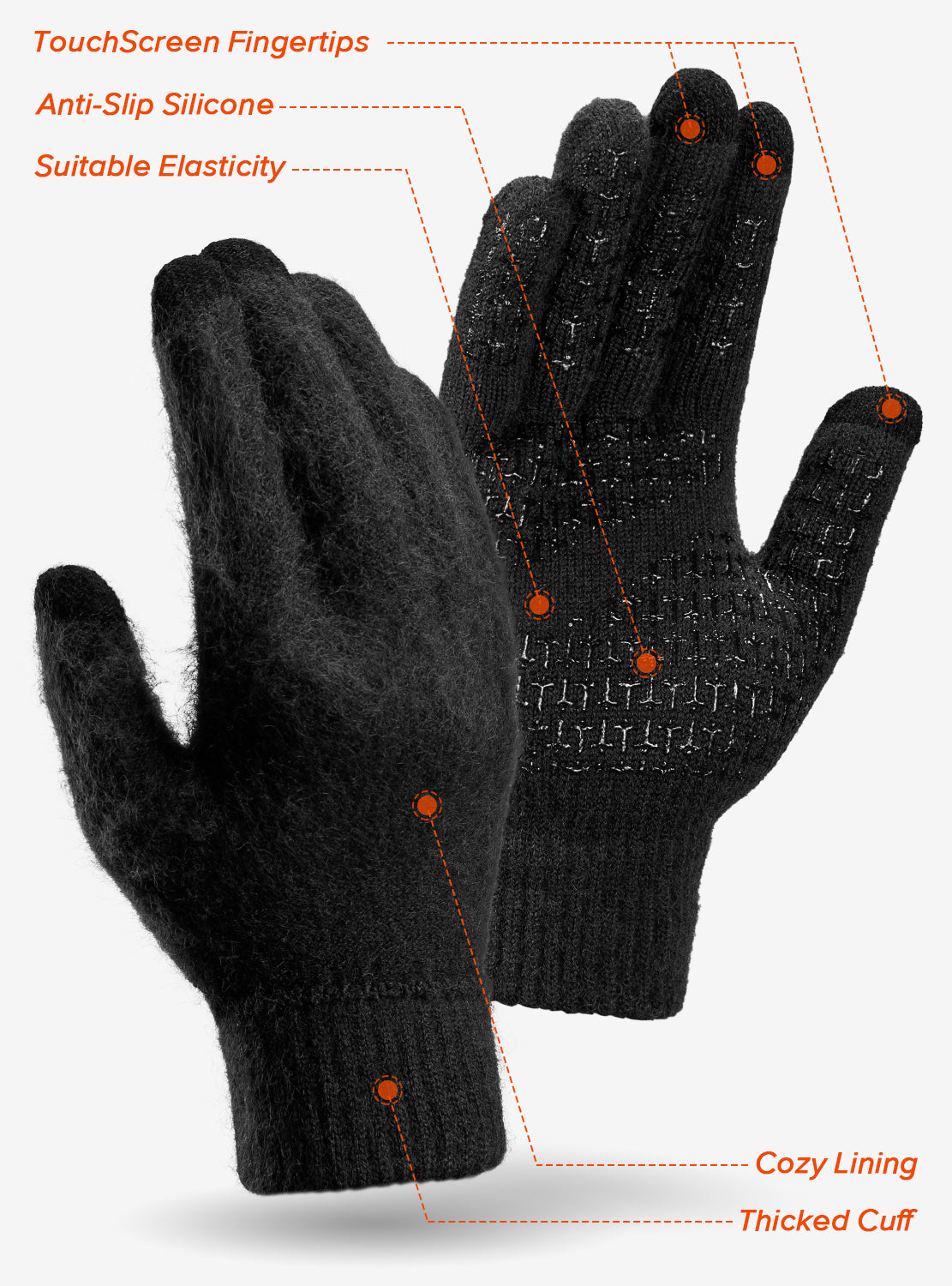 TRENDOUX Merino Wool Winter Gloves for Men Women, Cold Weather Warm Touchscreen Unisex, Non-slip, Knit Elastic Cuff